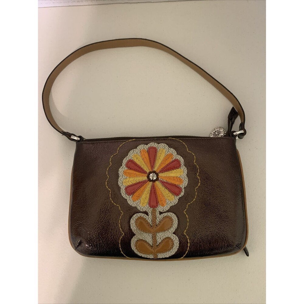 BRIGHTON City Bronze Patent Leather Embroidered Flower Boho Handbag/Orginizer
